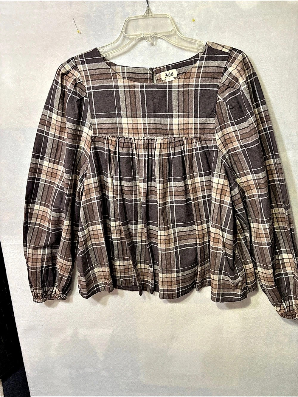 ana Smocked Plaid Cotton Blouse in Brown & White Size Large EUC